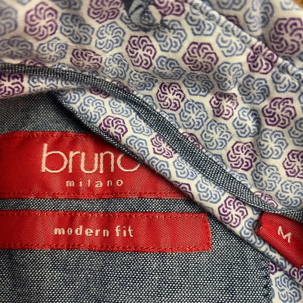 Bruno Milano Men Modern Fit Short Sleeve Button Down Shirt Blue Purple Geometric